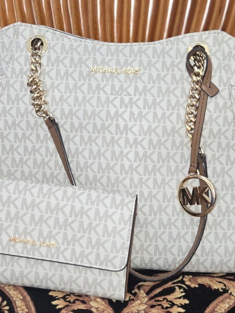 Michael Kors White & Beige MK Logo Tote with Matching Wallet